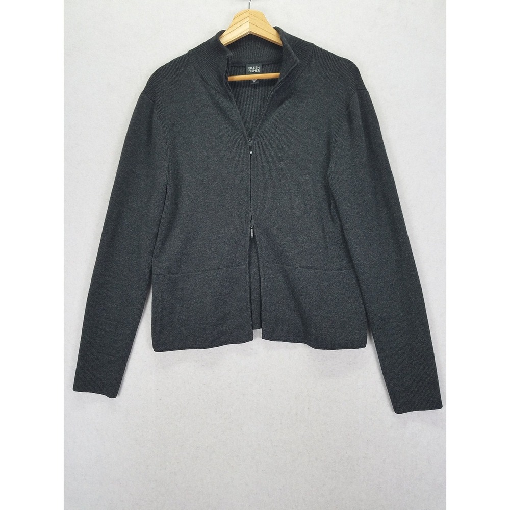 Eileen Fisher Merino Wool Full Zip Cardigan Women M Gray 103MK Mock Neck Sweater